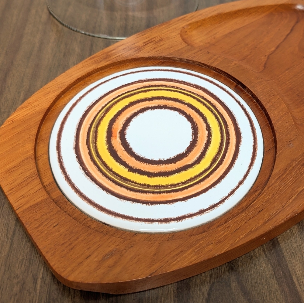 Vintage 70s Teak Wooden Cheese Board With Glass Dome & Tile Inlay Charcuterie - Picture 6 of 7